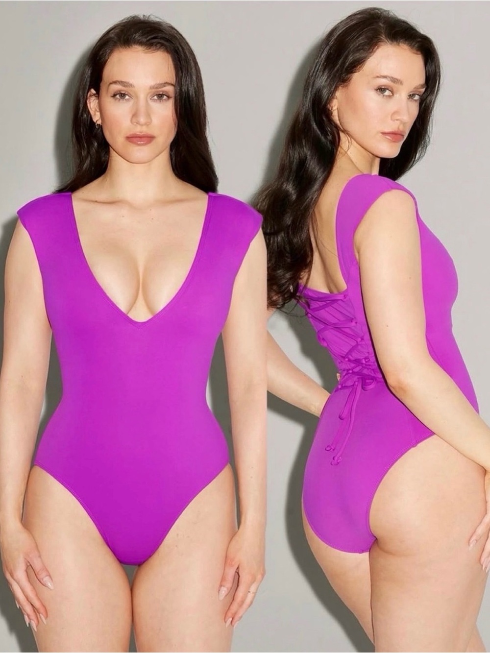 TA3 plungey Muscle One Piece Swimsuit Orchid Lace Up Back